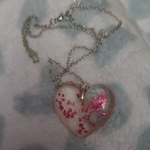 Heart Pendant Necklace with Pink Accents Resin Handmade